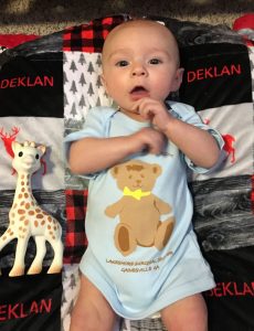 A newborn baby with a toy giraffe